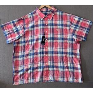 Izod Shirt Mens XXL 2XL Blue Pink Madras Plaid Short Sleeve Button Up Preppy NEW